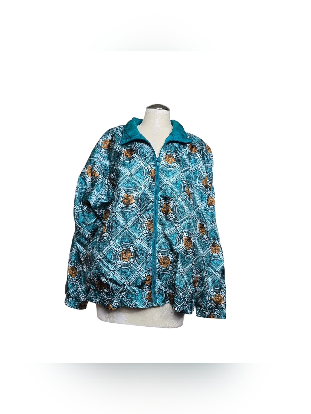 Vintage Sunterra Teal Gold Abstract Floral Windbreaker Jacket Size Large 80s 90s